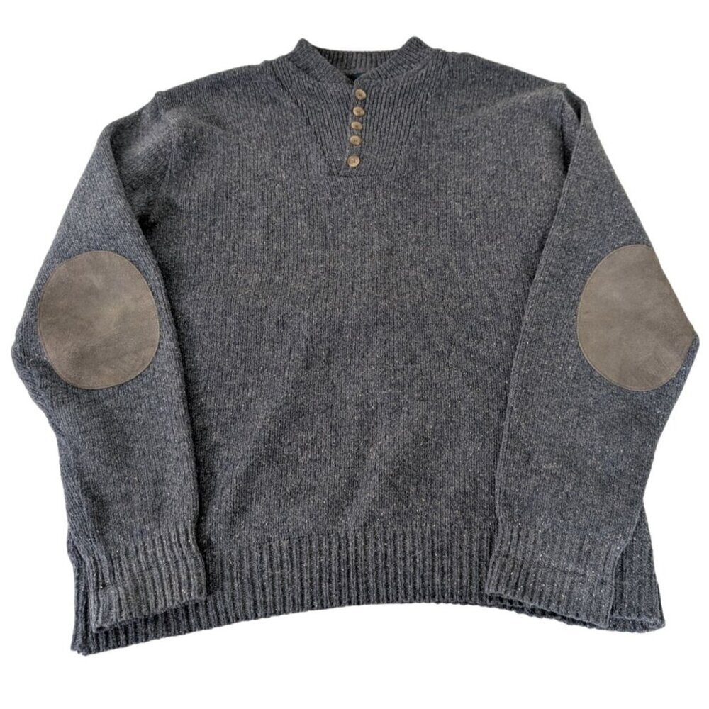 Vintage Gander Mountain Henley Sweater Mens XL Gray Wool Blend Elbow Patches